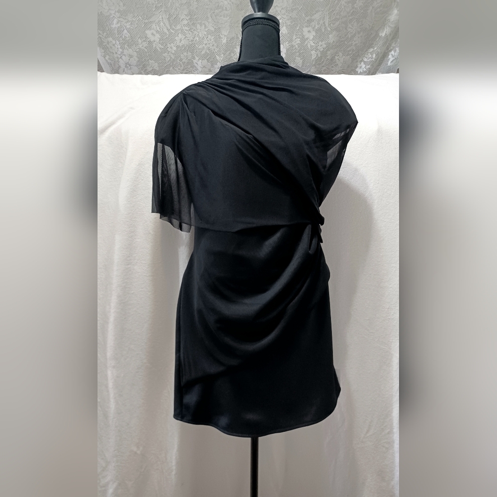 NWT ASOS DESIGN Draped Mesh Shoulder Pad Premium Mini Dress Size 14 In Black - Picture 2 of 12